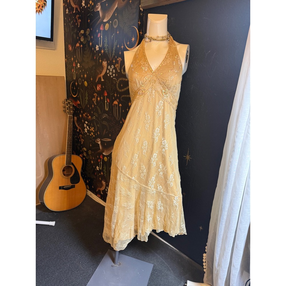 B.I.Y.A.Y.C.D.A. Gold Lace Sequin Halter Midi Dress Asymmetrical Hem Size 12